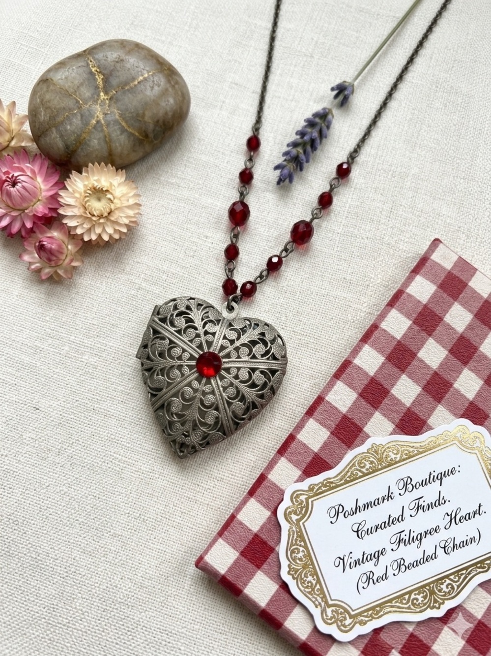 Vintage Filigree Heart Locket Necklace - Red Beaded Pendant